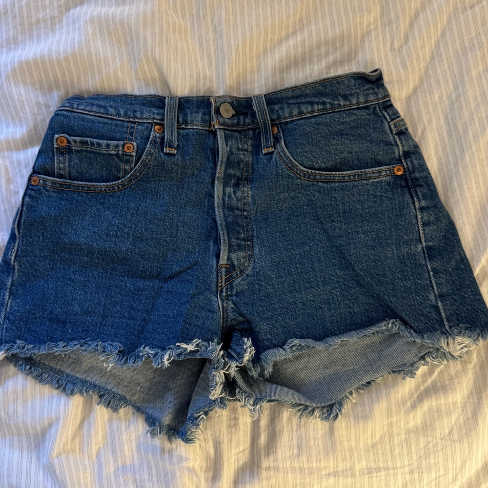 Levi's 501s Dark Wash Jean Shorts Distressed Frayed Hem